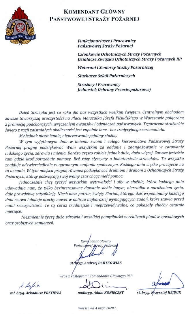 Życzenia Komendanta Głównego PSP z okazji Dnia Strażaka