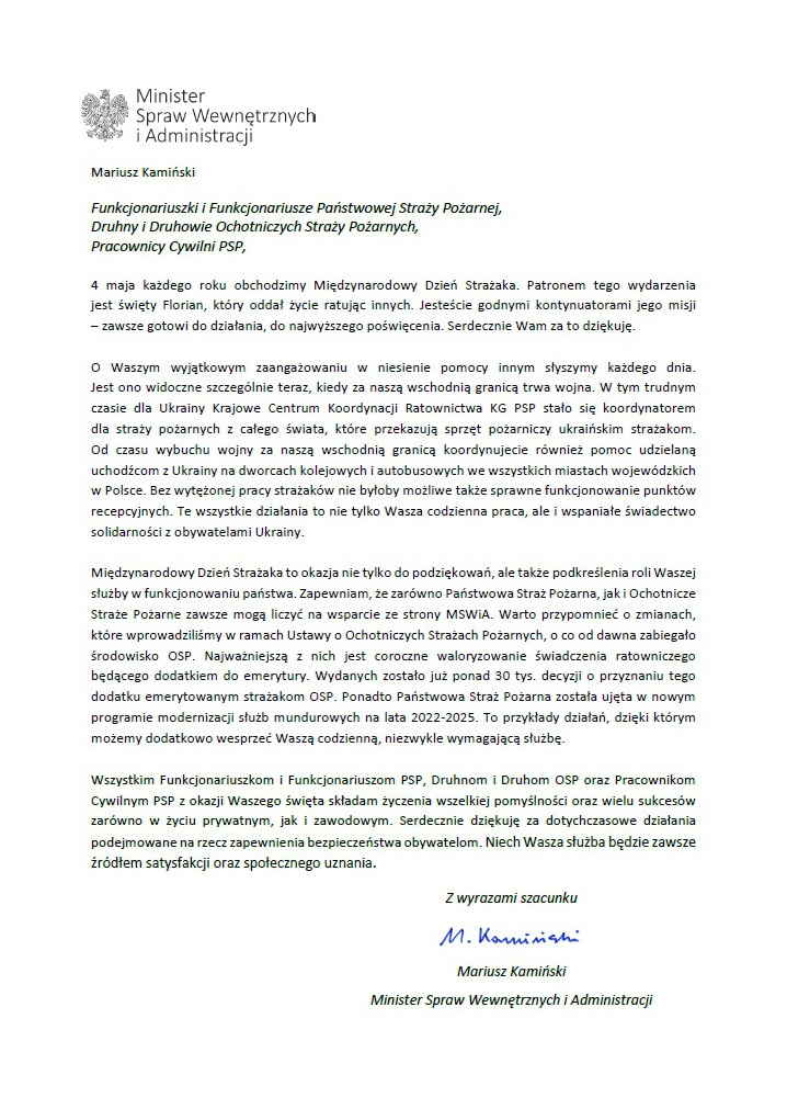 List z życzeniami z okazji Dnia Strażaka od Ministra Spraw Wewnętrznych i Administracji