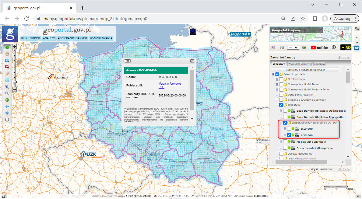 Ilustracja przedstawia zrzut z serwisu www.geoportal.gov.pl pokazujący sposób pobierania wizualizacji kartograficznych BDOT10k