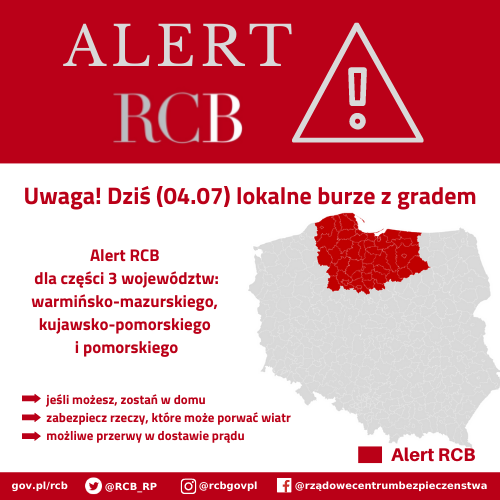 Alert RCB 4 lipca – burze z gradem.