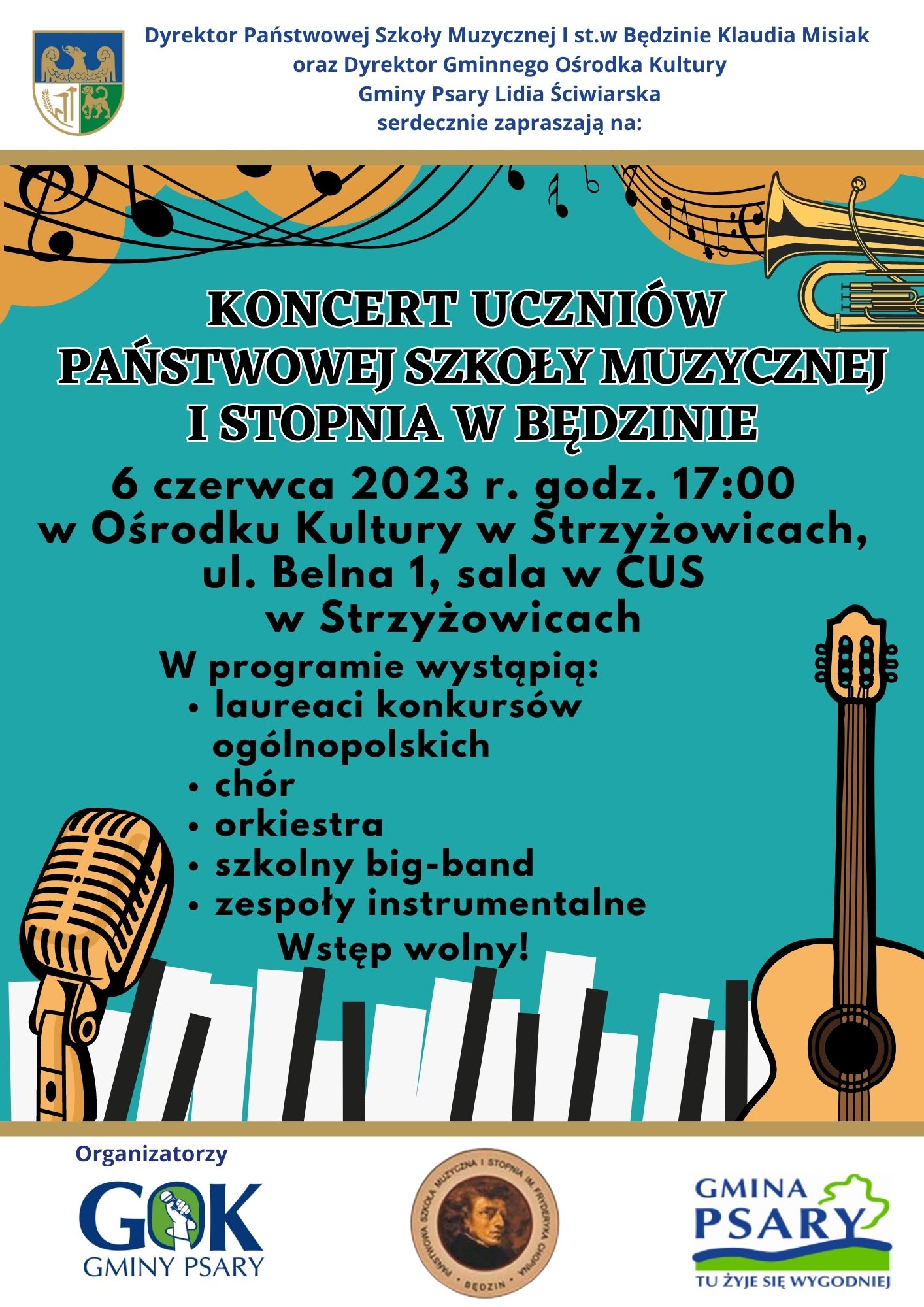 plakat koloru ciemno-miętowym, na dole strony logotypy szkoły, GOK i Gminy Psary, na środku opis koncertu