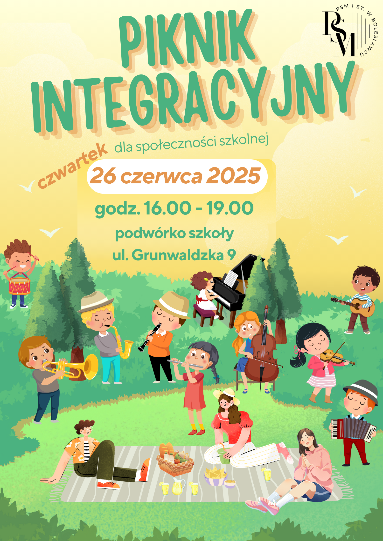 Grafika z widoczną polaną oraz drzewami. Na polanie znajdują się ikonografie postaci grających na różnych instrumentach muzycznych, jak na przykład skrzypce, gitara, wiolonczela, perkusja, fortepian, akordeon, flet, klarnet i saksofon. W centrum siedzą biwakujące na kocu postacie. W tle znajdują się napisy: "Piknik integracyjny dla społeczności szkolnej. Czwartek, 26 czerwca 2025 r., godz. 16.00 - 19.00. Podwórko szkoły. ul. Grunwaldzka 9".