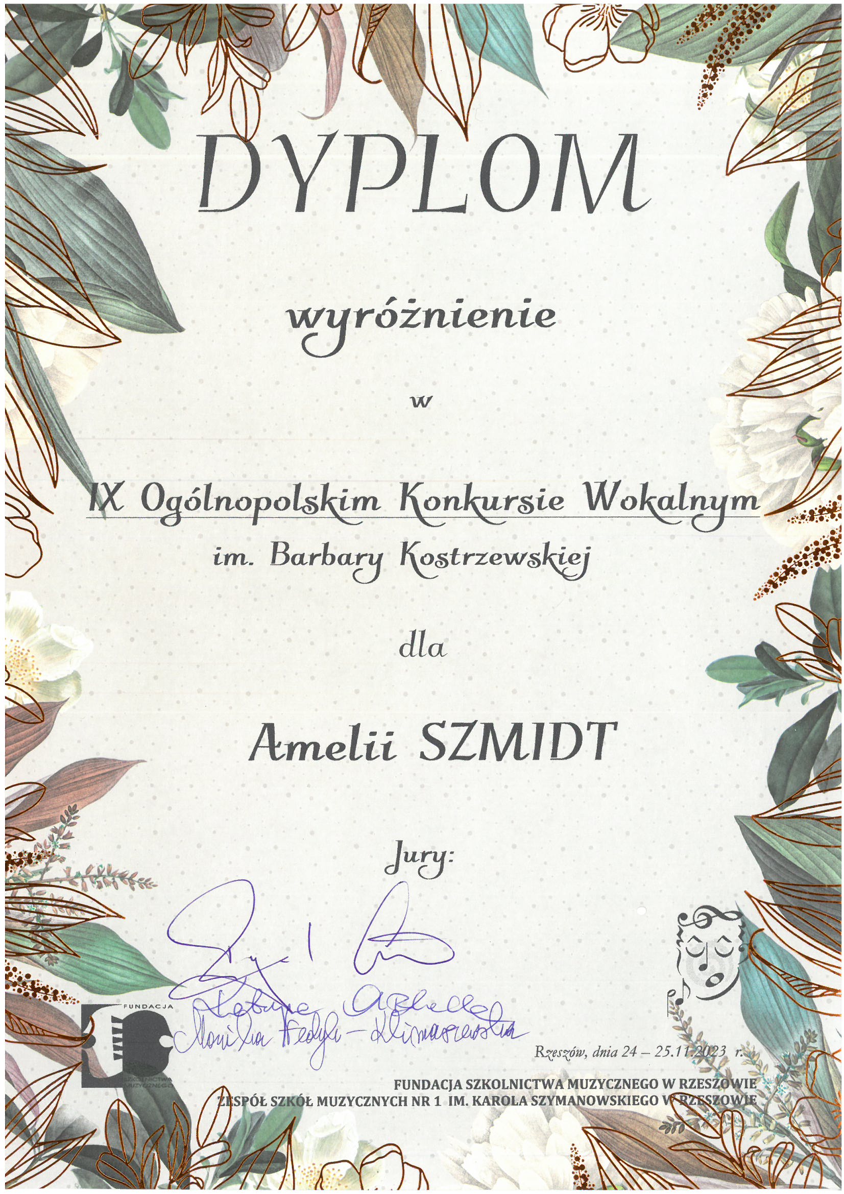 Dyplom wyróżnienie - Amelia Szmidt - IX Ogólnopolski Konkurs Wokalny w Rzeszowie 25-25.11.2023r.