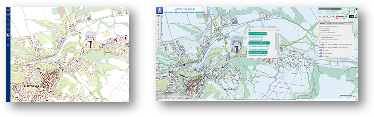 Ilustracja przedstawia zaktualizowany zbiór danych BDOT10k dla powiatu złotoryjskiego w Portalu BDOT10k oraz w usłudze Baza Danych Obiektów Topograficznych.