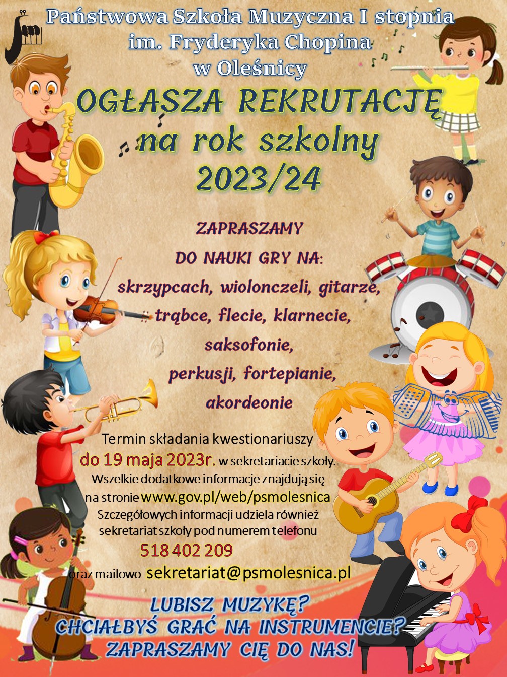 Plakat informujący o rekrutacji. Po prawej i lewej stronie grafiki przedstawiające dzieci grające na różnych instrumentach, pośrodku znajdują się kolorowe napisy. 