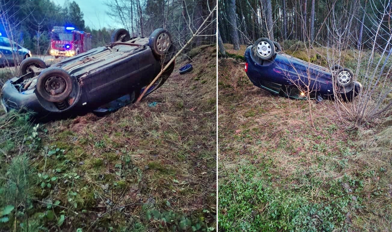 Samochód znajdował się na dachu w przydrożnym rowie, kierowca oddalił się z miejsca zdarzenia. Działania strażaków polegały na zabezpieczeniu miejsca zdarzenia oraz zabezpieczeniu przeciwpożarowym pojazdu (brak widocznych wycieków). 