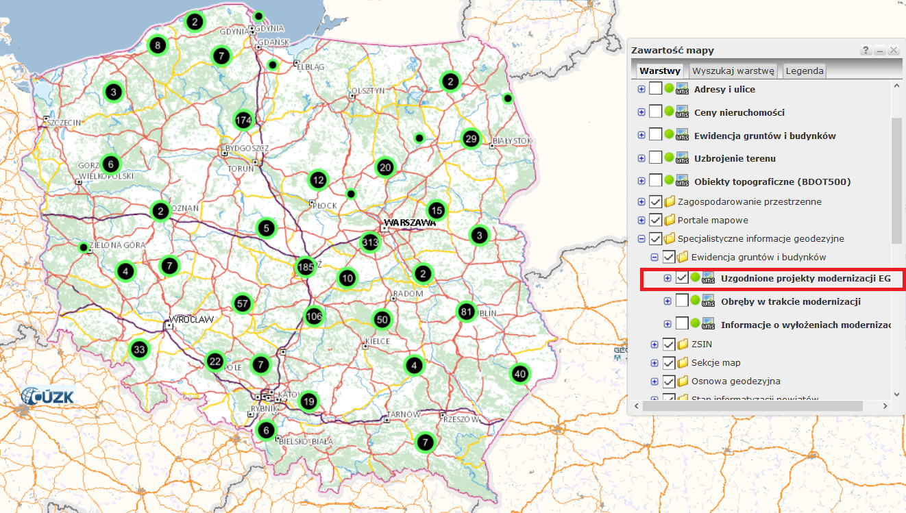 Ilustracja przedstawia zrzut ekranu z serwisu www.geoportal.gov.pl prezentujący warstwę „Uzgodnione projekty modernizacji EGiB”.
