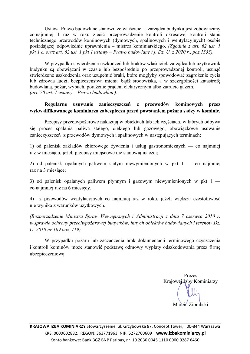 Komunikat Prezesa Krajowej Izby Kominiarzy 2021