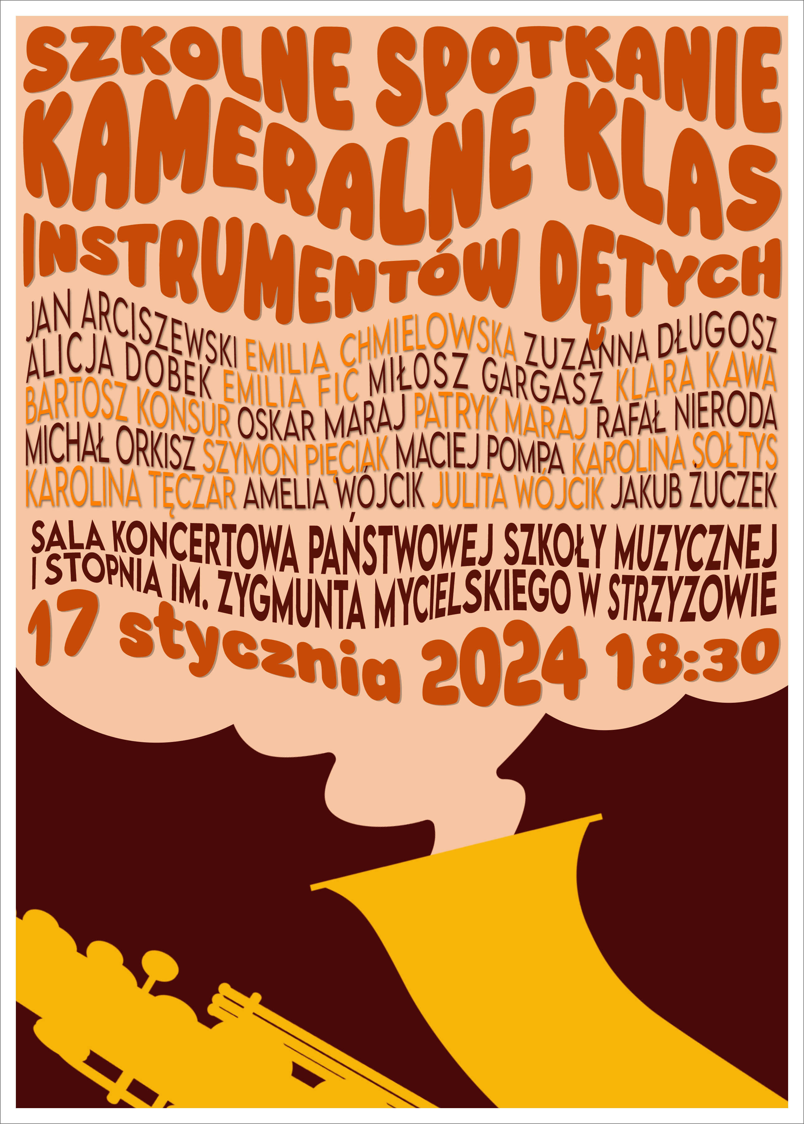 Plakat w brązowej kolorystyce przedstawia narysowany w dolnej części żółty saksofon, z którego wychodzi jasna chmura. W chmurze kolorowe, wykrzywione napisy zawierające tytuł koncertu, wykonawców, miejsce oraz datę koncertu. Całość w białym obramowaniu.