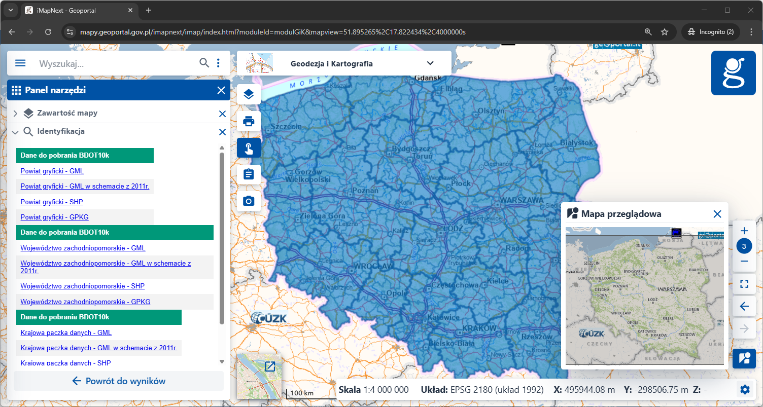 Ilustracja przedstawia sposób pobrania danych w serwisie https://mapy.geoportal.gov.pl/imapnext/imap w usłudze Baza Danych Obiektów Topograficznych.