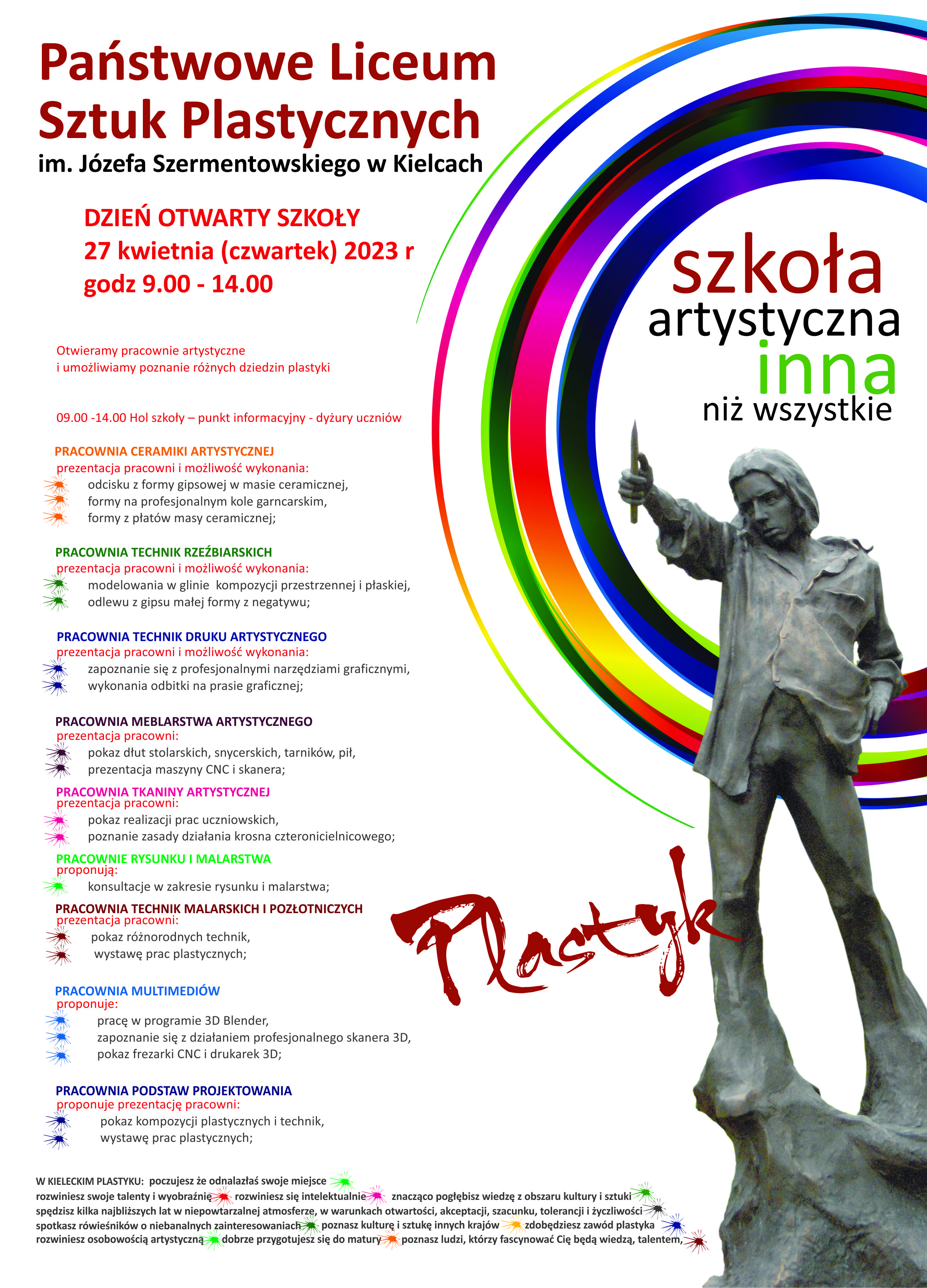 Plakat informujący o Dniu Otwartym Szkoły kieleckiego plastyka