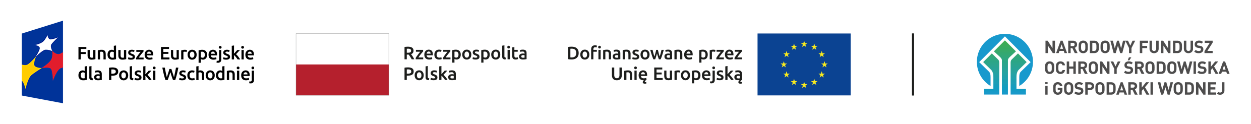 Ciąg znaków, od lewej: Fundusze Europejskie dla Polski Wschodniej, Rzeczpospolita Polska, Dofinansowane przez Unię Europejską i Narodowy Fundusz Ochrony Środowiska i Gospodarki Wodnej