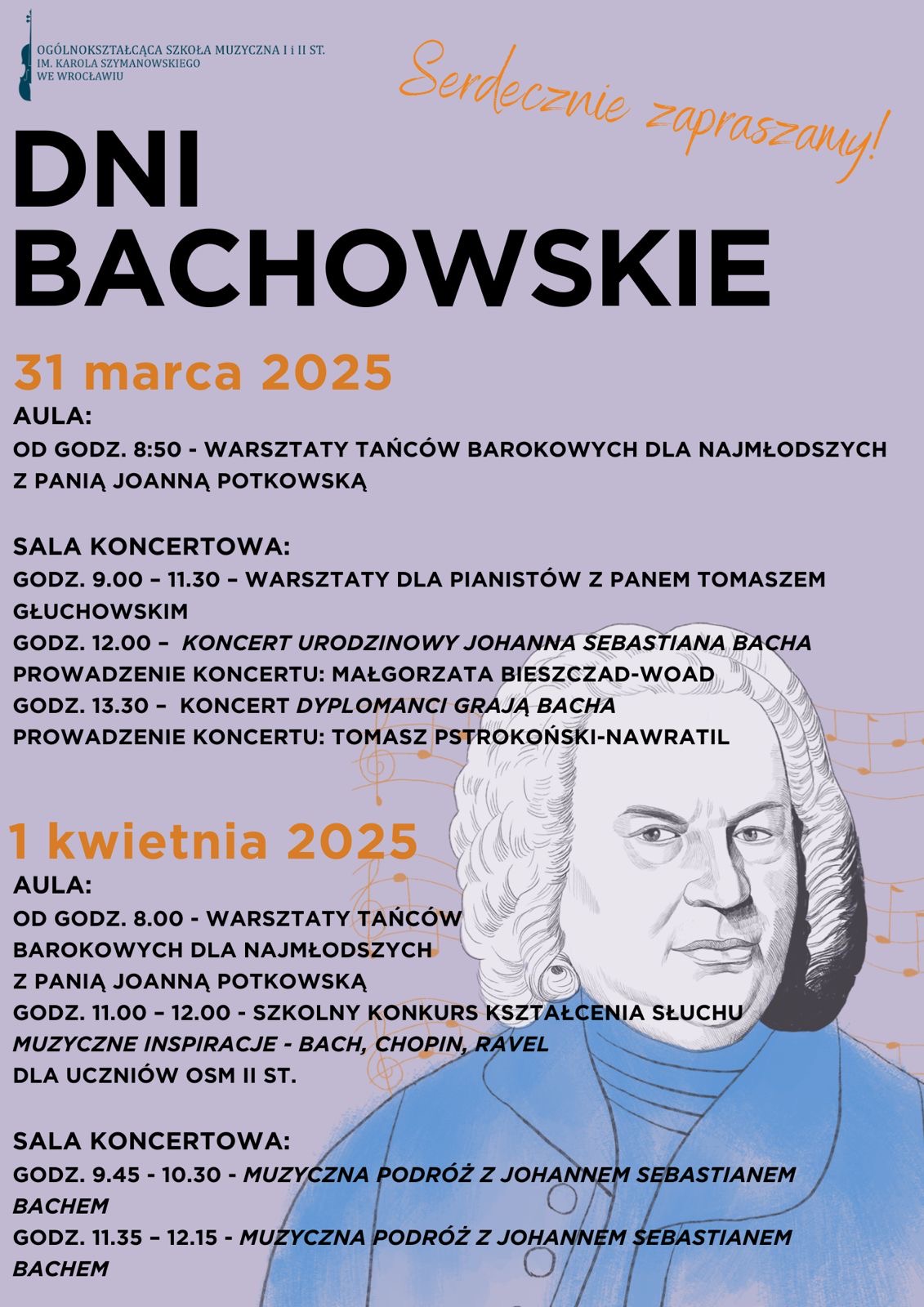 plakat zapowiadający Dni Bachowskie qw szkole. Zawiera program imprezy