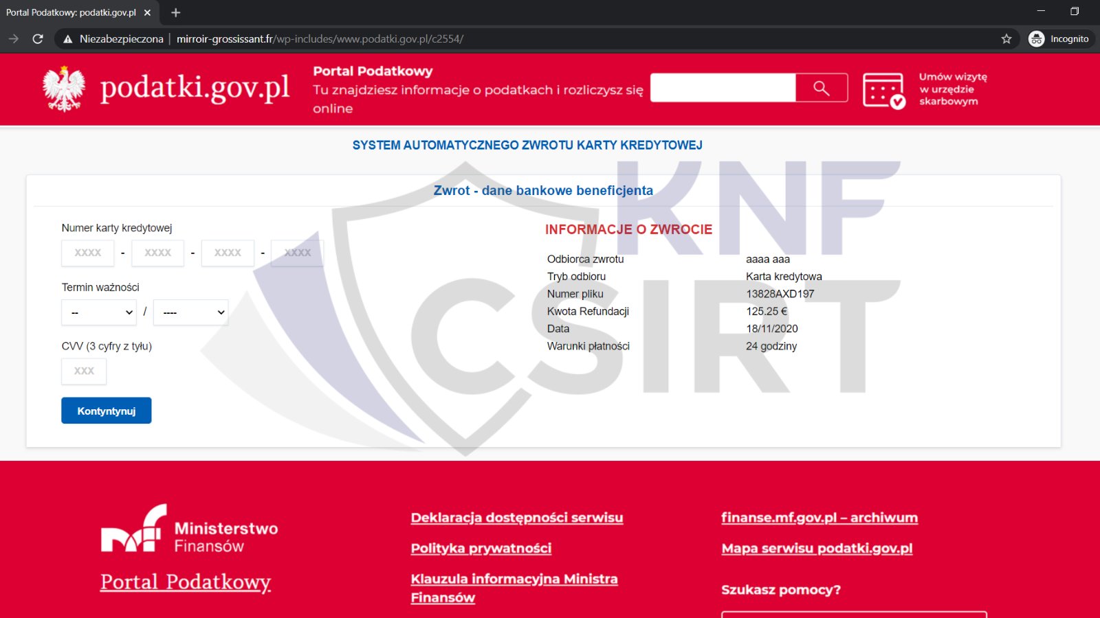Strona intranetowa przypominająca podatki.gov.pl z formularzem do wypełnienia danymi karty kredytowej.