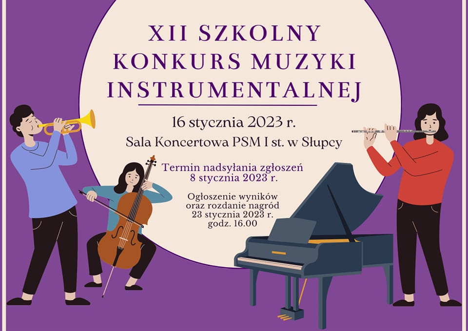 plakat z informacjami o konkursie muzycznym z ikonografią muzyków z instrumentami na fioletowym tle