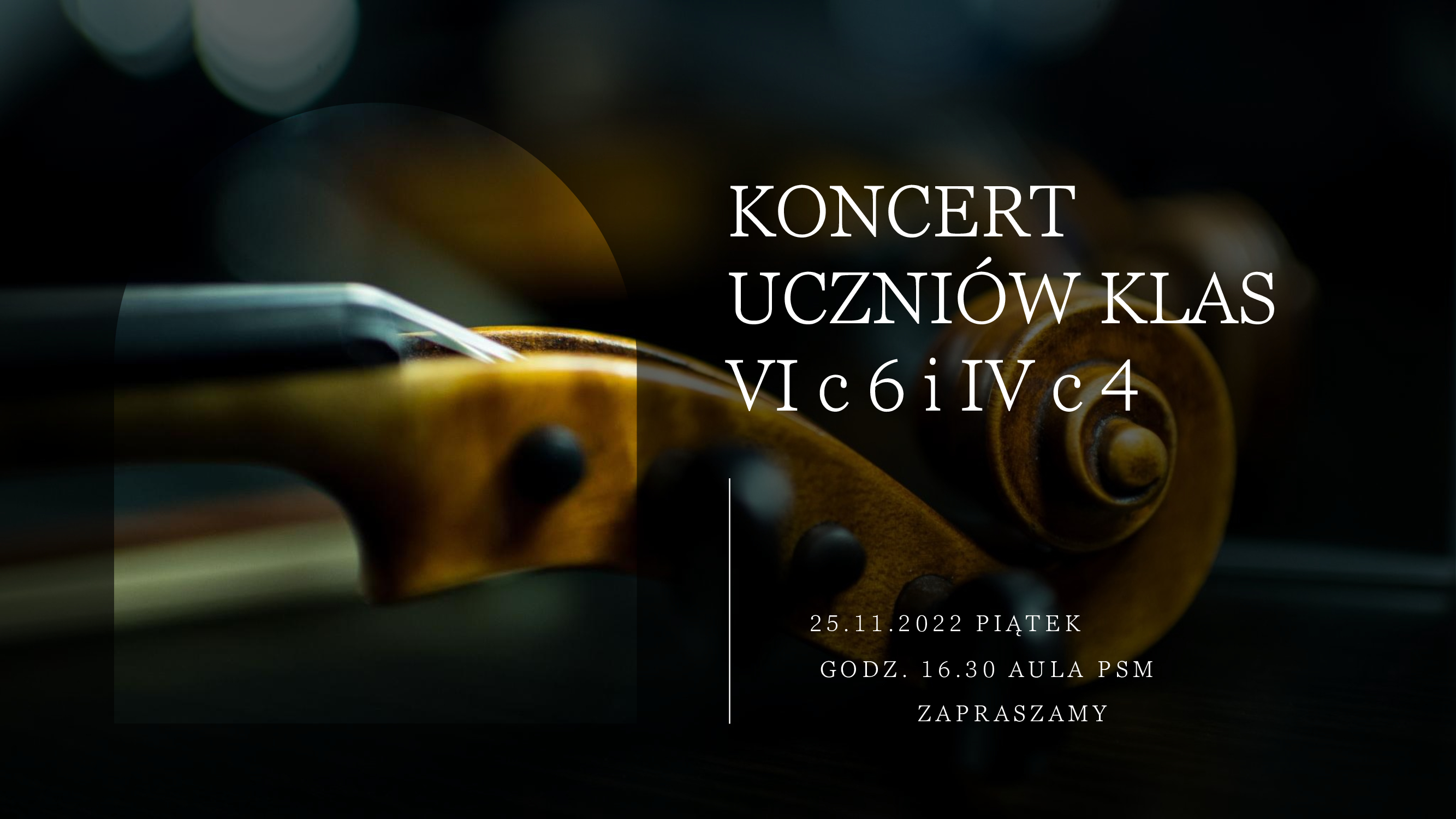 Plakat przedstawia główkę skrzypiec w kolorze jasnobrązowym na ciemnym tle