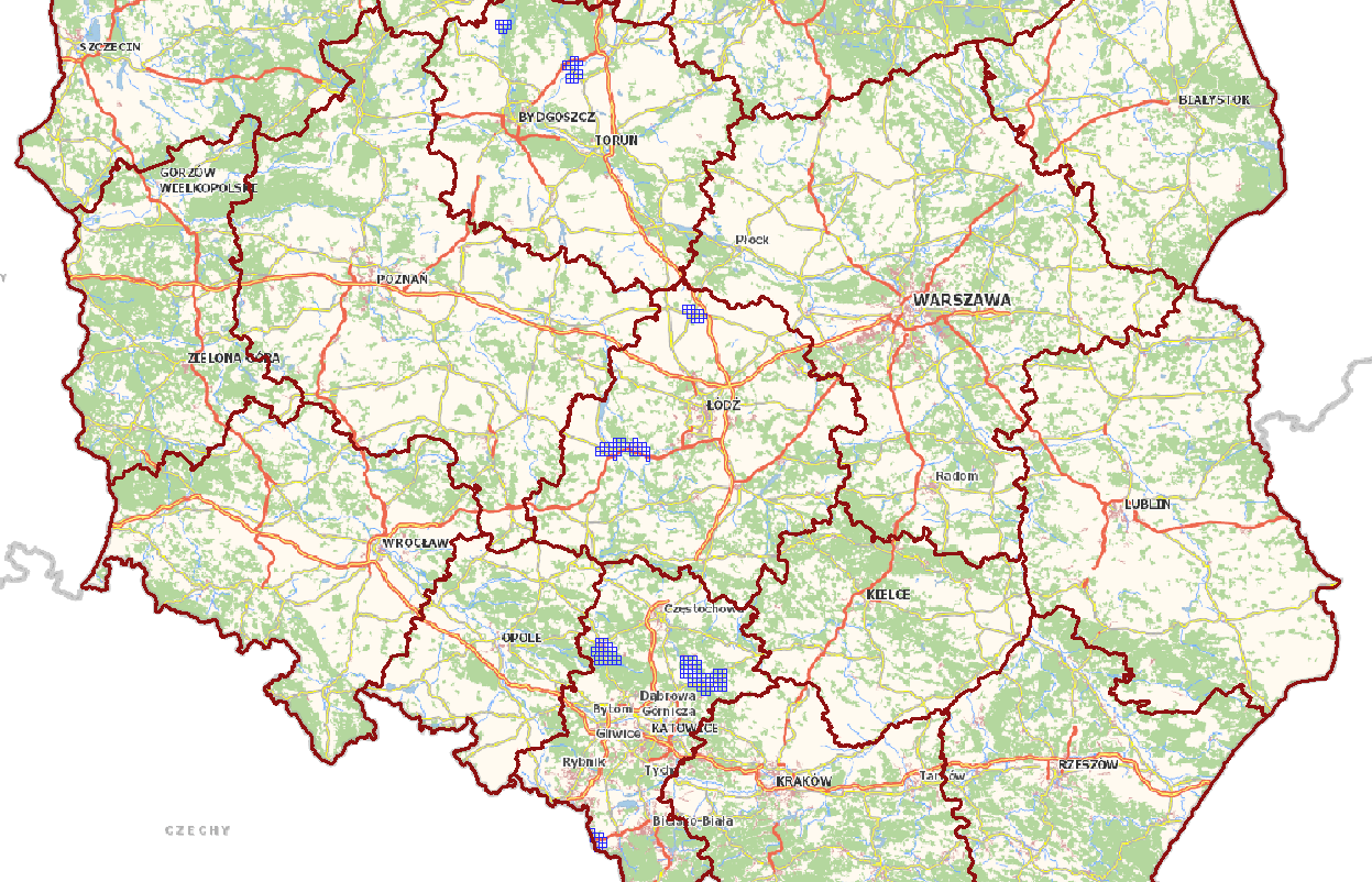 Ilustracja przedstawia zrzut ekranu z zasięgiem nowo przyjętych danych dla obszaru województw kujawsko-pomorskiego, łódzkiego i śląskiego.