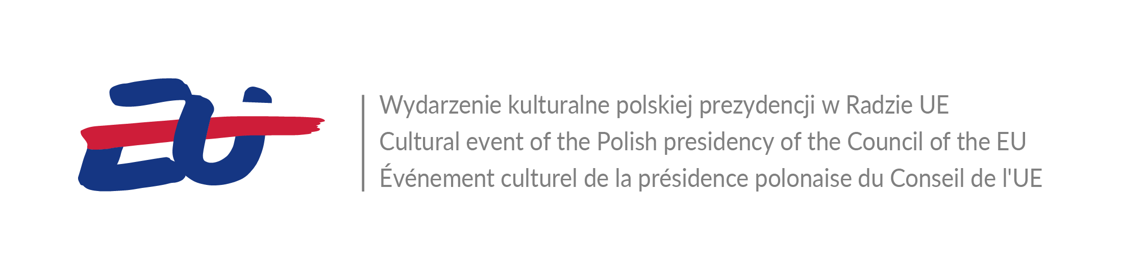 Logo -Wydarzenie kulturalne polskiej prezydencji w Radzie UE - EU w kolorze niebieskim otoczone polską flagą