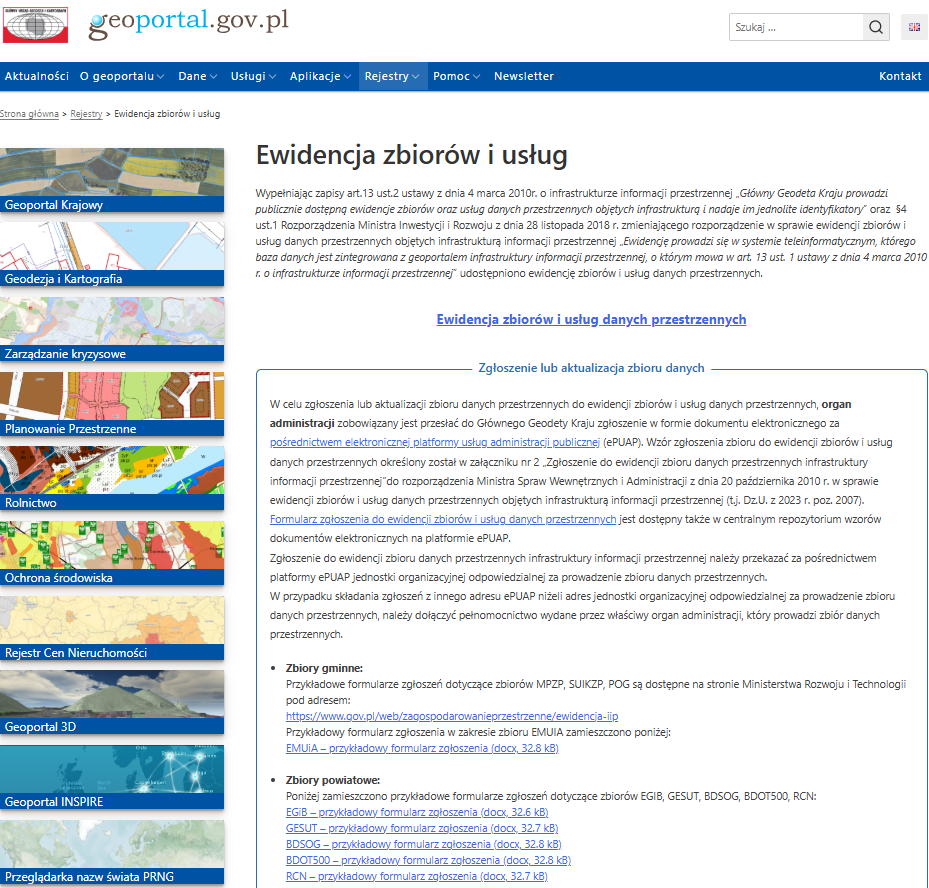zrzut ekranu przedstawiający podstronę Ewidencja zbiorów i usług na stronie geoportal.gov.pl 