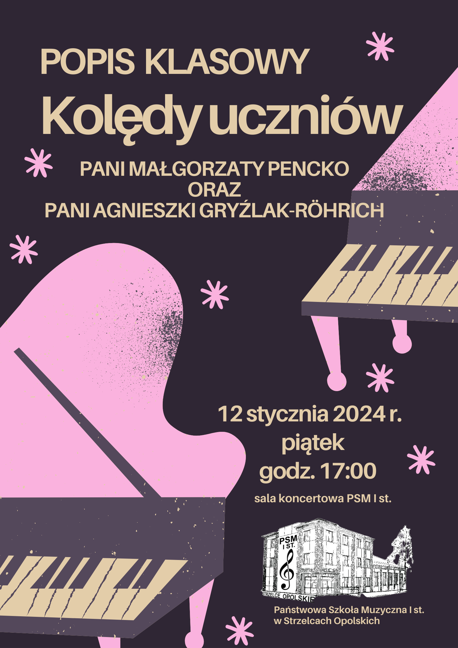 Plakat. Ciemno fioletowe tło z grafiką fortepianu. Na górze strony informacje o popisie kolęd. Na dole strony logo szkoły.