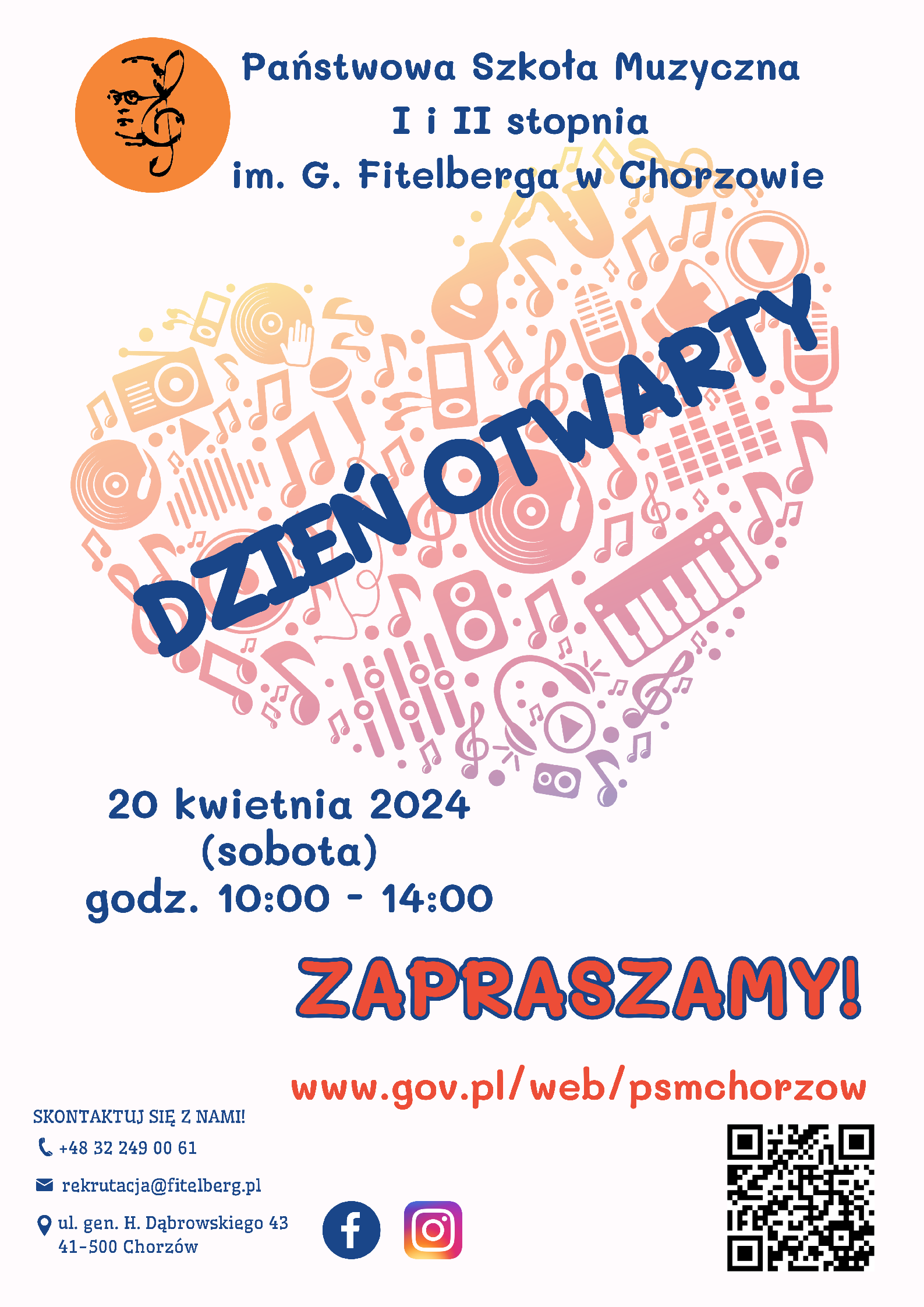 logo i nazwa szkoły w tle serce ułożone z kolorowych instrumentów i nut oraz treść Dzień otwarty 20 kwietnia 2024 (sobota) godzina 10:00 - 14:00, zapraszamy! 