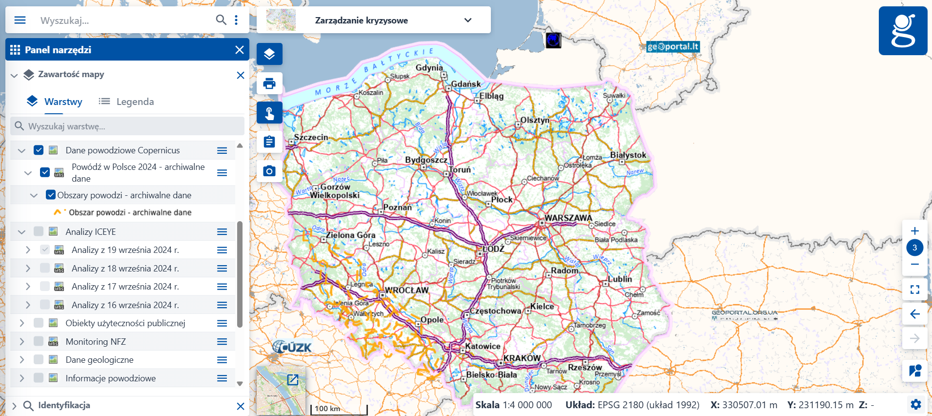 zrzut ekranu z serwisu www.geoportal.gov.pl przedstawiający archiwalne dane dotyczące powodzi z 2024 r.