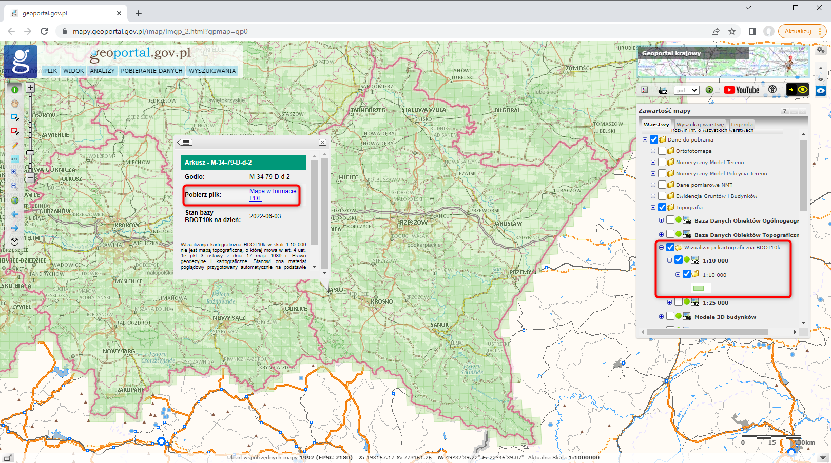 Ilustracja przedstawia zrzut ekranu z serwisu www.geoportal.gov.pl pokazujący w jaki sposób pobrać wizualizacje kartograficzne BDOT10k w skali 1:10000.