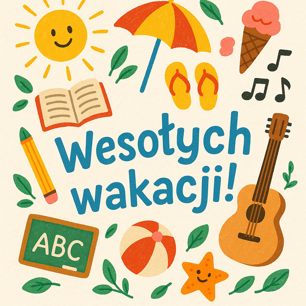 Grafika przedstawia kolorową, radosną kompozycję z napisem „Wesołych wakacji!” w centrum. Wokół napisu znajdują się wakacyjne, szkolne i muzyczne akcenty, takie jak: uśmiechnięte słońce, parasol plażowy, klapki, lody w rożku, nutki, otwarta książka, ołówek, tablica z napisem „ABC”, piłka plażowa, gitara oraz uśmiechnięta rozgwiazda. Tło jest jasne, a elementy mają intensywne, przyjazne kolory i są otoczone zielonymi listkami, nadając całości pogodny, wakacyjny klimat.