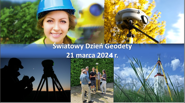 Ilustracja przedstawia grafikę ukazującą geodetów w różnych sytuacjach w pracy z napisem "Światowy Dzień Geodety 21 marca 2024 r." 