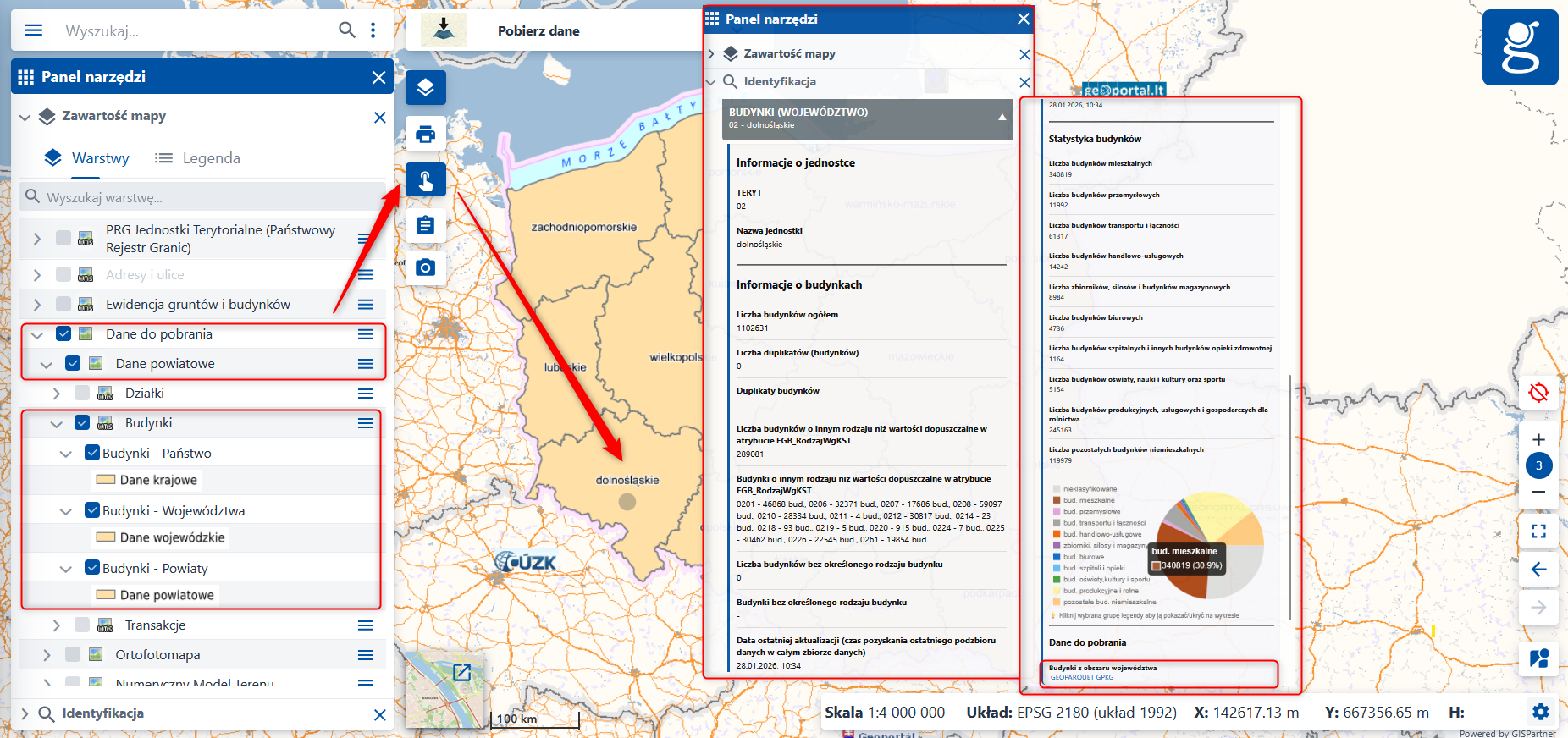 Ilustracja przedstawia mapę z informacjami z warstwy "Budynki"