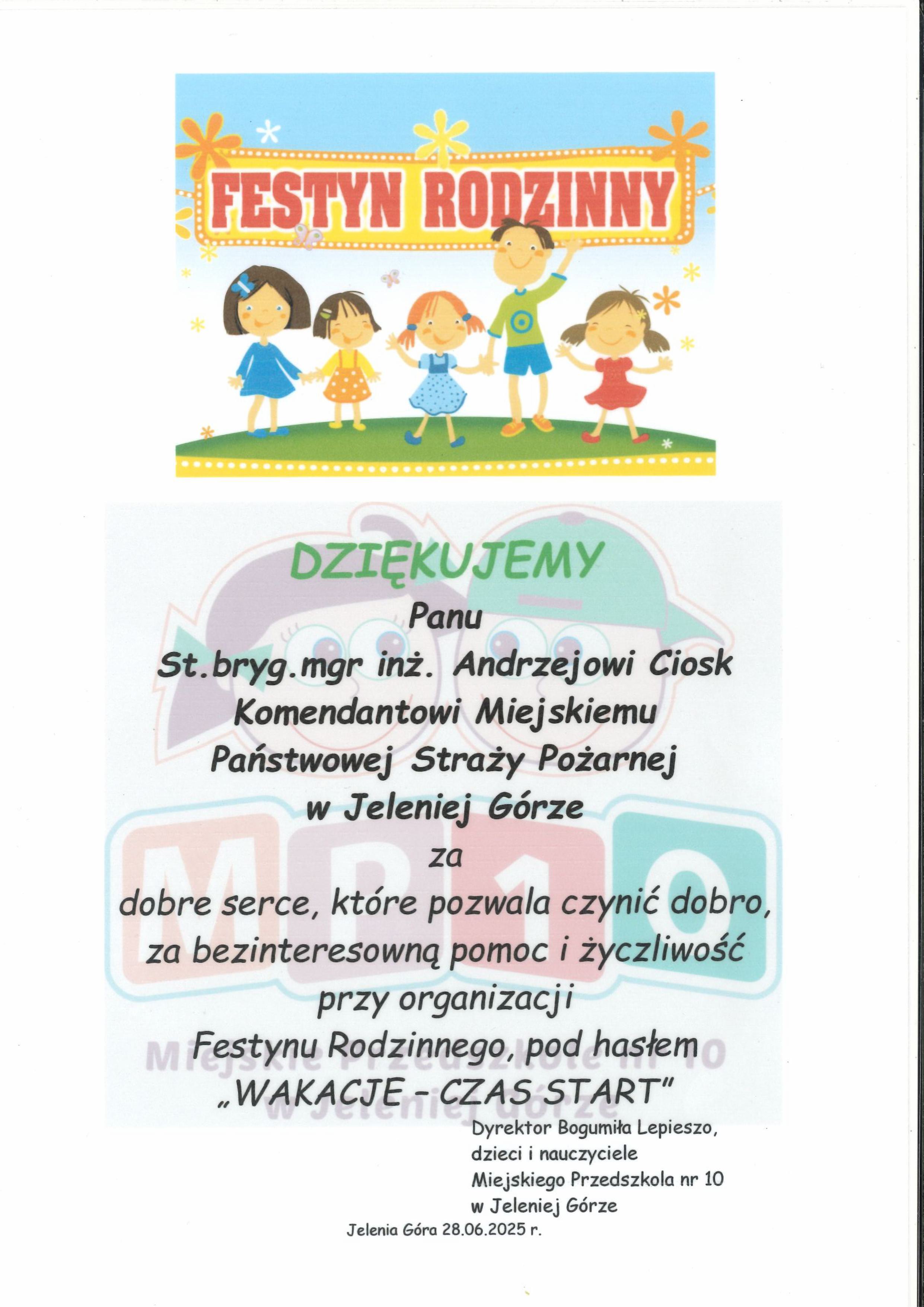 Podziękowania od Miejskiego Przedszkola nr 10 w Jeleniej Górze