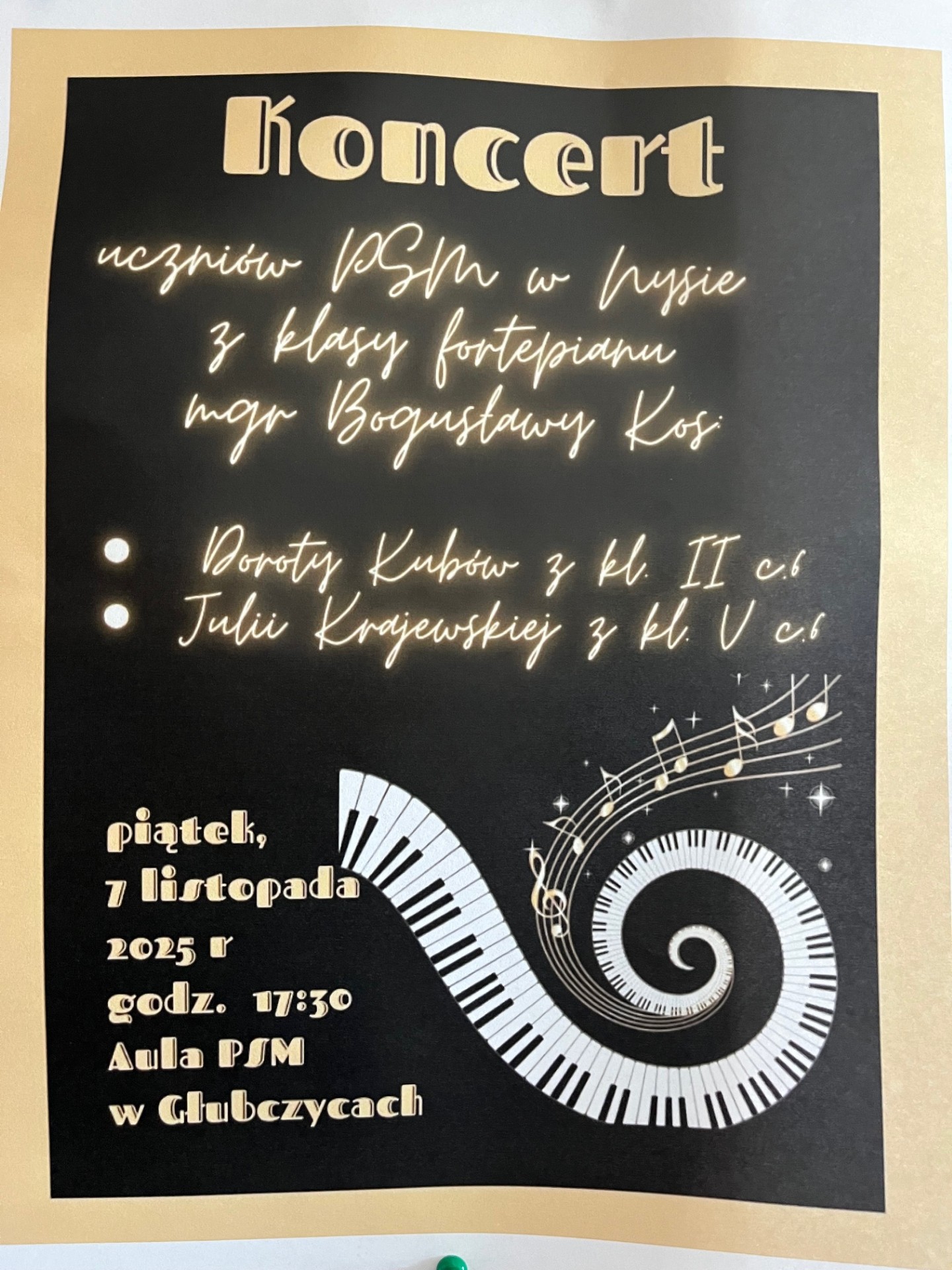 Koncert uczniów z PSM w Nysie z klasy fortepianu p. Bogusławy Kos 7 listopada aula psm w Głubczycach 17:30