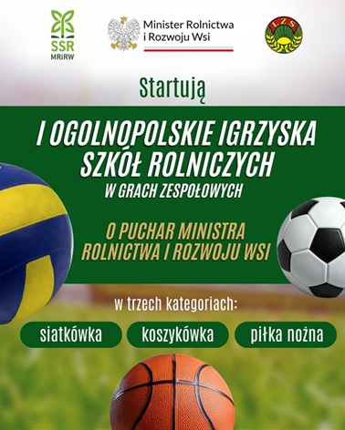 Plakat informujący o I Ogólnopolskich Igrzyskach Szkół Rolniczych w Grach Zespołowych