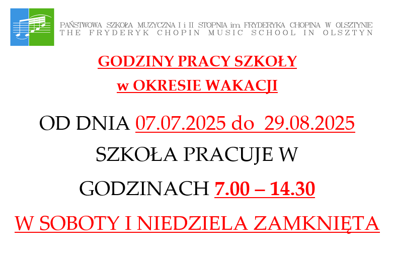 Godziny pracy szkoły w okresie wakacji