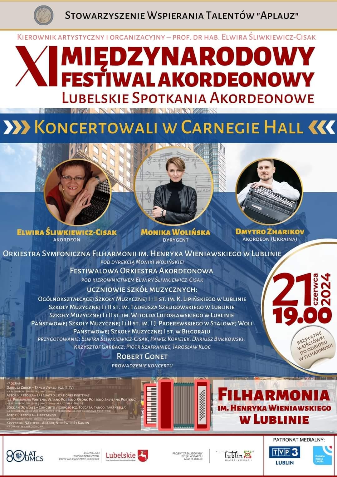 Plakat XI MIĘDZYNARODOWY FESTIWAL AKORDEONOWY. bardzo dużo tekstu informującego. elementy dekoracyjne. 21.06.2024 r. Filharmonia Lubelska