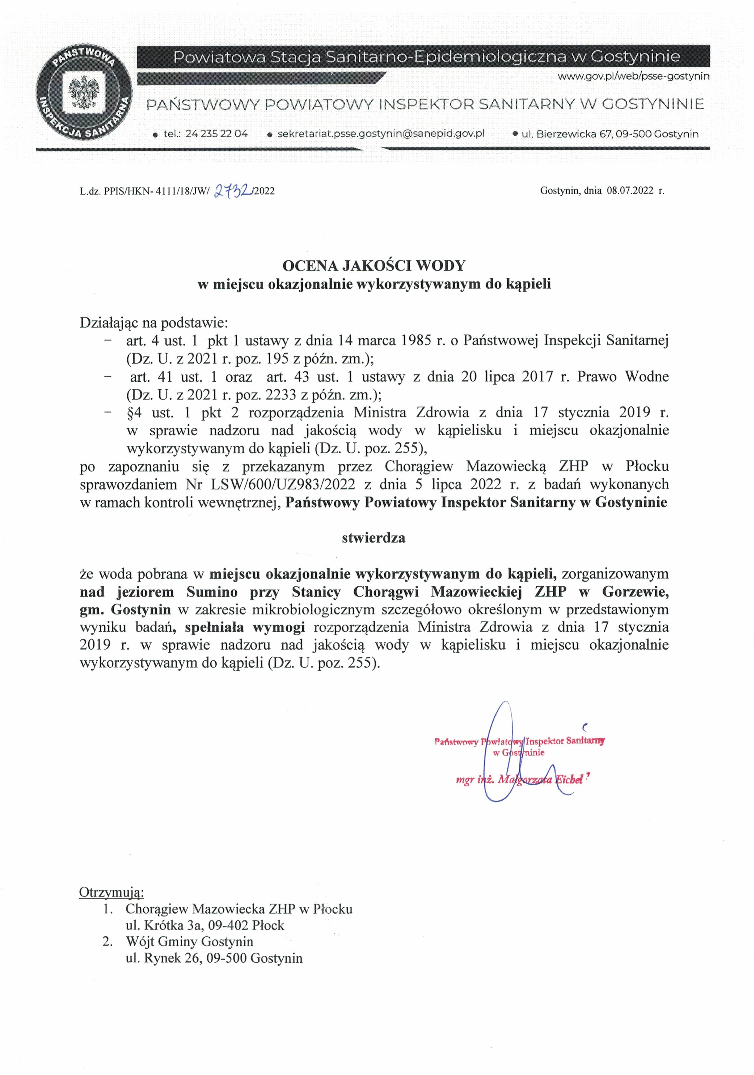 Ocena jakości wody w miejscu okazjonanie wykorzystywanym do kąpieli zorganizowanym nad jeziorem Sumino - 2022 r.