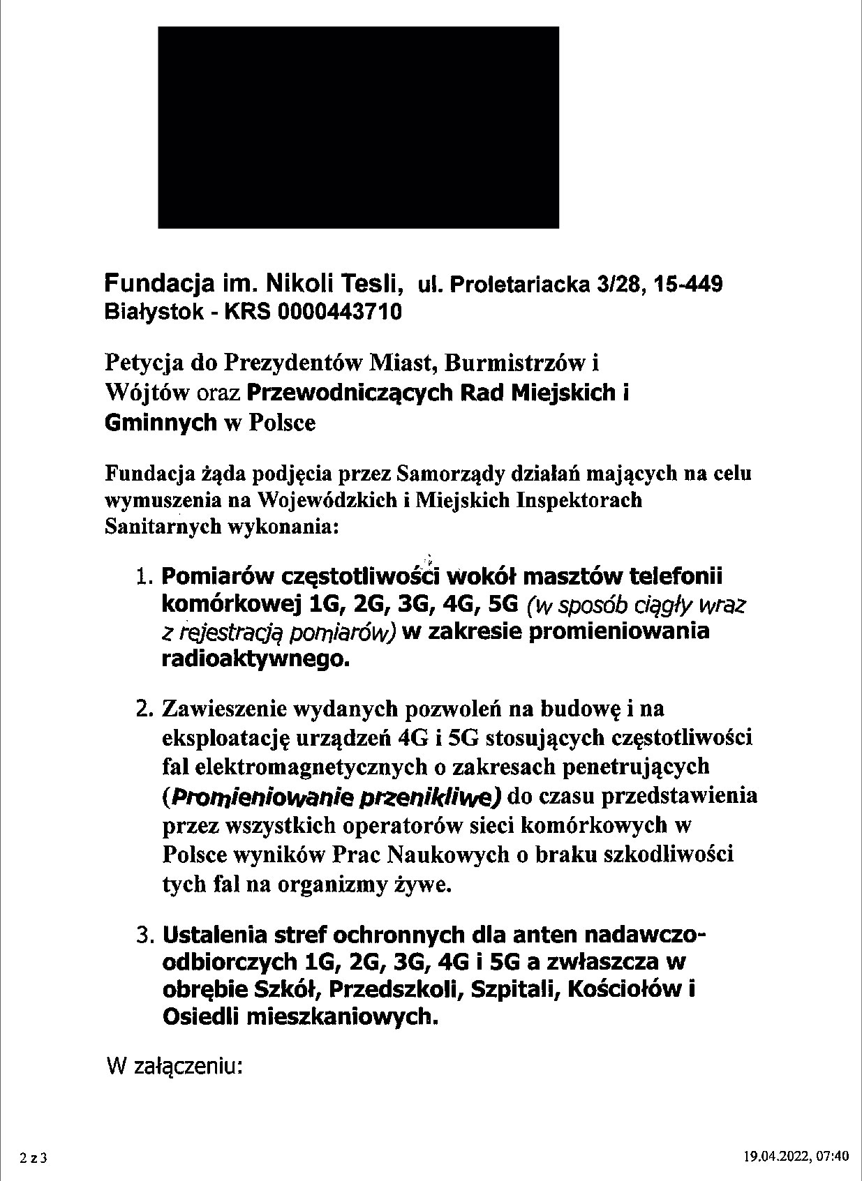 Zrzut ekranu przedstawiający postulaty zawarte w petycji Fundacji im. Nikoli Tesli opisane w tekście.