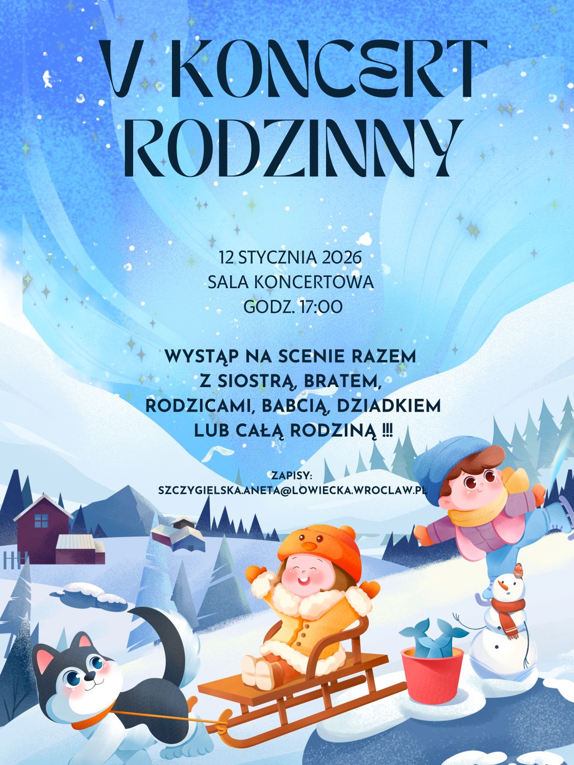 Kolorowy plakat zapowiadający Koncert Rodzinny. Zawiera tytuł koncertu oraz elementy graficzne dzieci bawiących się na śniegu