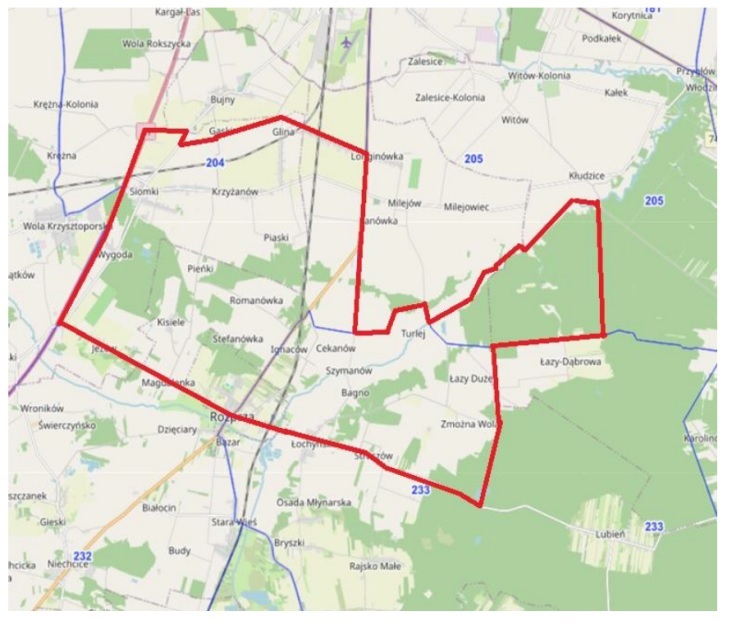 Mapa strefy objętej zakażeniem afrykańskim pomorem świń u dzików na terenie powiatu piotrkowskiego z zakazem polowań zgodnie z Rozporządzenie PLW w Piotrkowie Trybunalskim nr 4/2026 z dnia 24.06.2026 r. – cały obszar ograniczony czerwonym obramowaniem