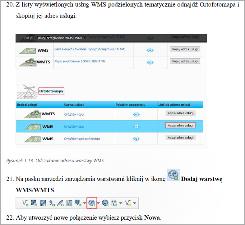 Fragment treści zeszytu ćwiczeń. Ćwiczenie 2.2. Praca z danymi przestrzennymi. Treść punktu 20,21 i 22 wraz ze zrzutami ekranu z Geoportalu Krajowego.