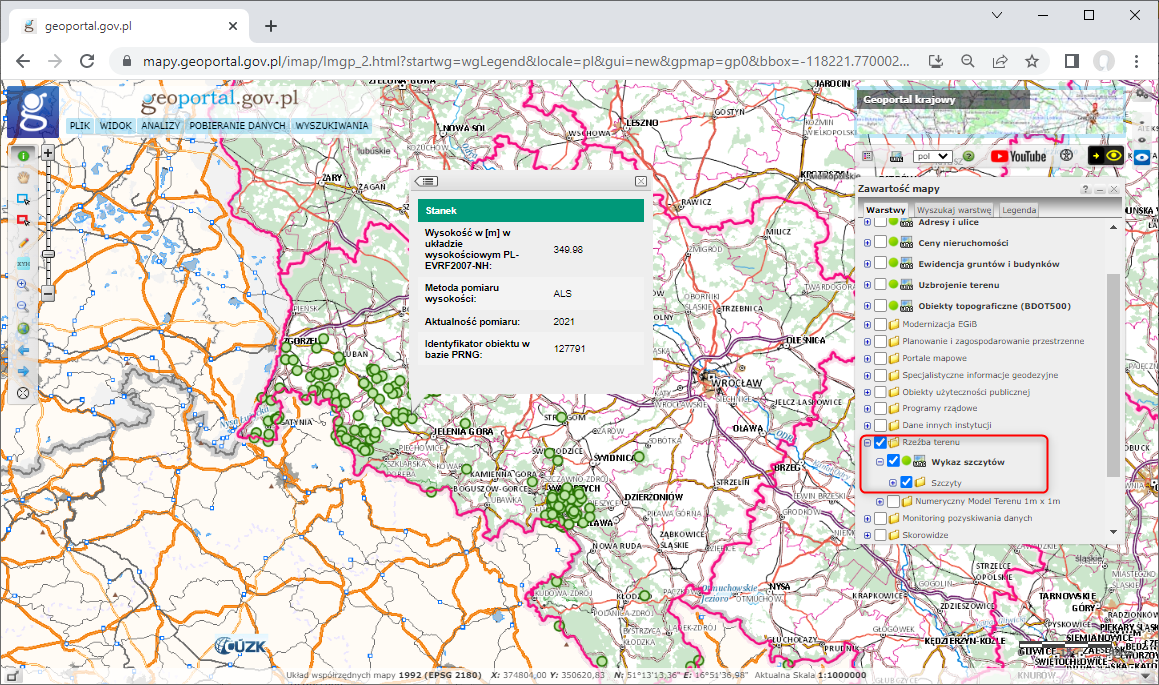 ilustracja przedstawia uslugę WMS Wykaz szczytów dostępną w serwisie www.geoportal.gov.pl