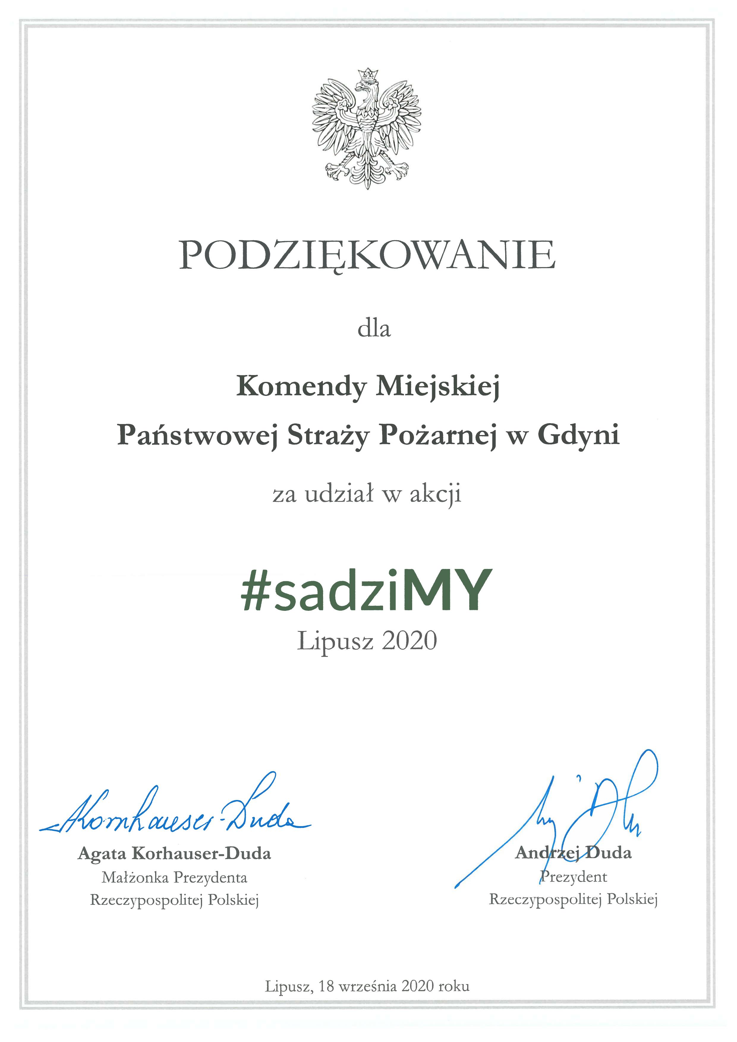 Dyplom dla Strażaków od Pary Prezydenckiej