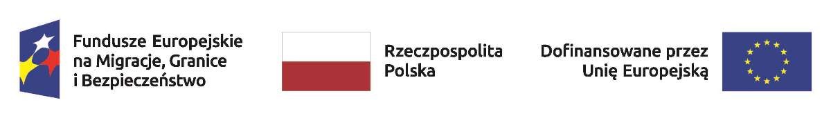 Baner z logotypami programu Fundusze Europejskie na Migracje, Granice i Bezpieczeństwo, flagą Rzeczypospolitej Polskiej oraz symbolem Unii Europejskiej z Dofinansowane przez Unię Europejską.