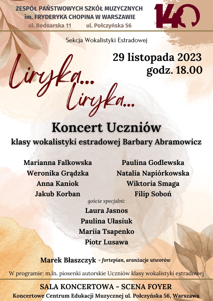 Afisz koncertu "Liryka, liryka..." - 29.11.2023 r. godz 18.00