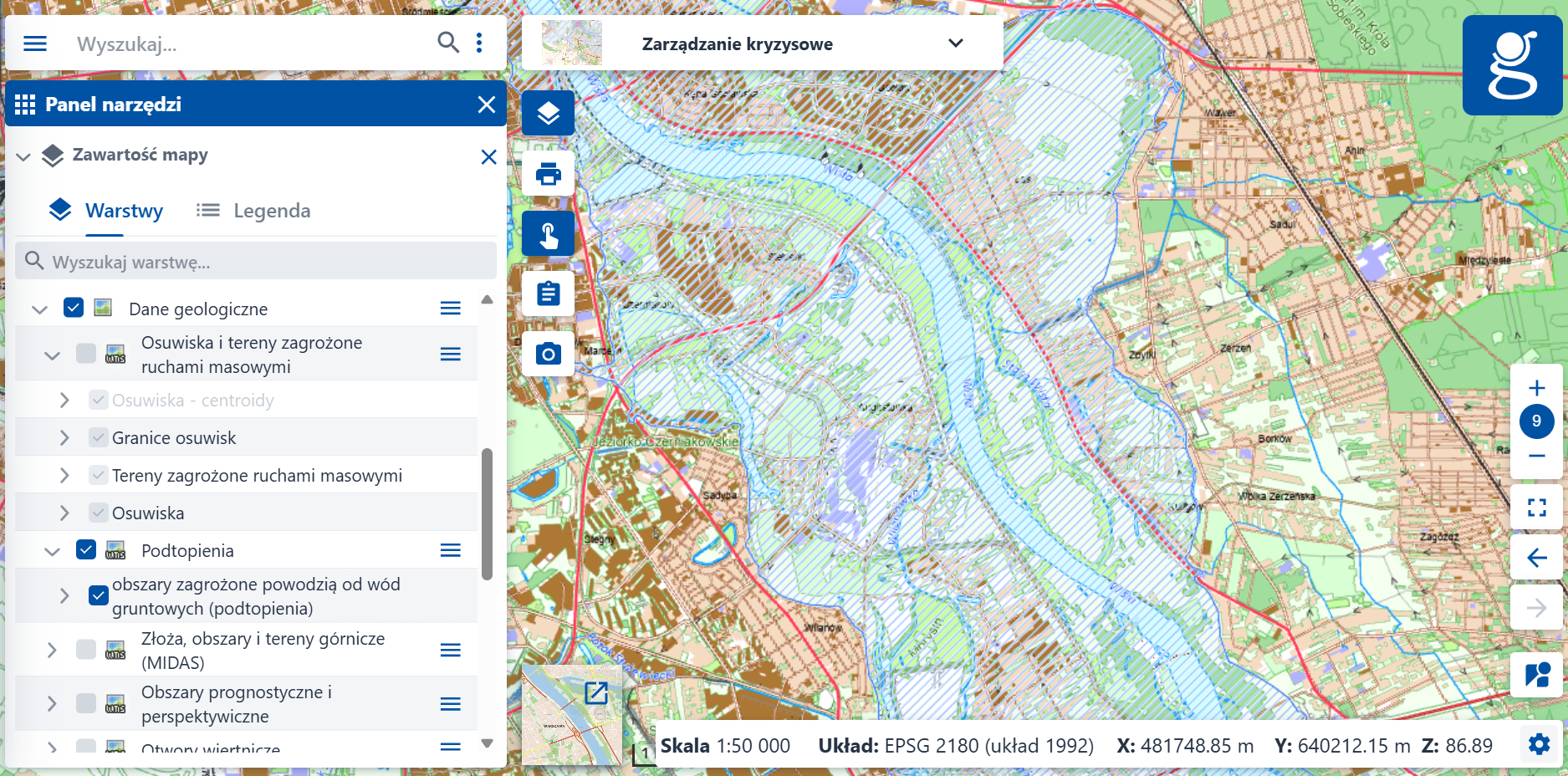 Zrzut ekranu z serwisu www.geoportal.gov.pl przedstawiający moduł Zarządzanie kryzysowe z włączoną warstwą - Dane geologiczne – Podtopienia – obszary zagrożone powodzią od wód gruntowych (podtopienia)