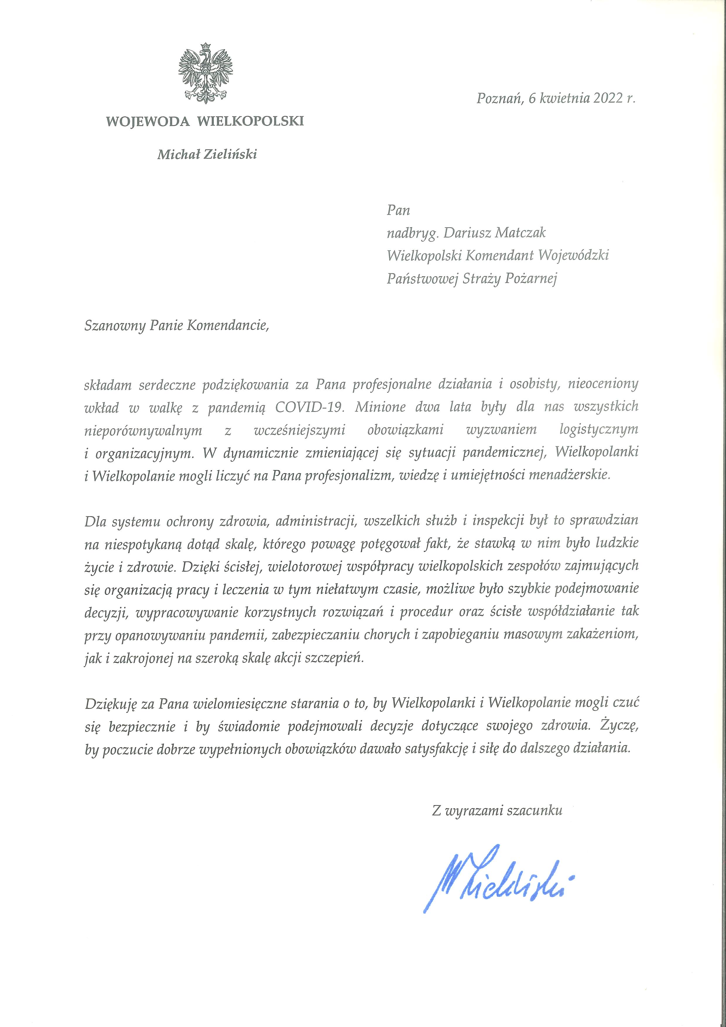 List Gratulacyjny od Wojewody Wielkopolskiego