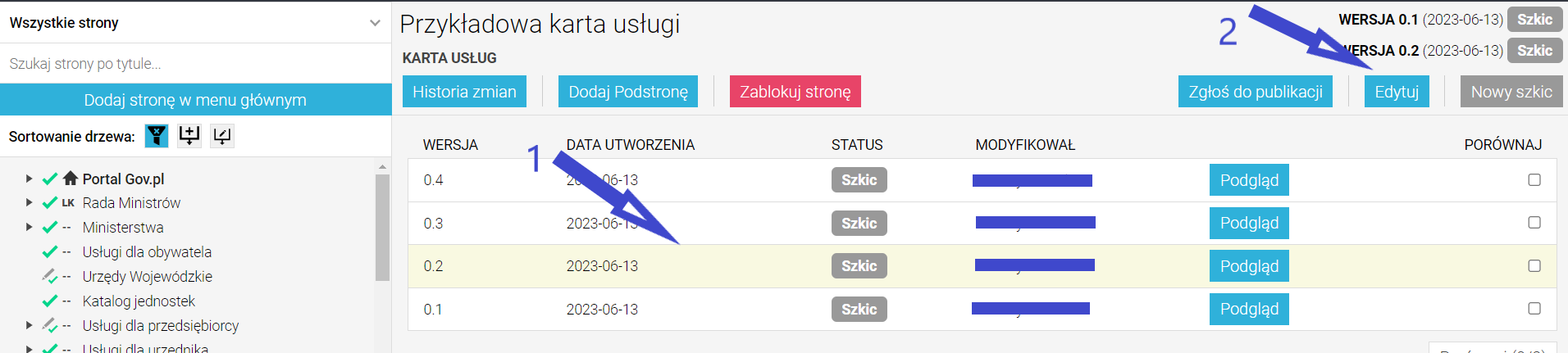 Wybór szkicu do edycji