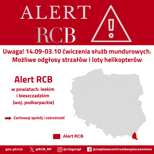 Alert RCB wysłany 13 września 2025 roku o treści: "Uwaga! 14.09-03.10 ćwiczenia służb mundurowych. Możliwe odgłosy strzałów i loty helikopterów. Zachowaj spokój i ostrożność." 