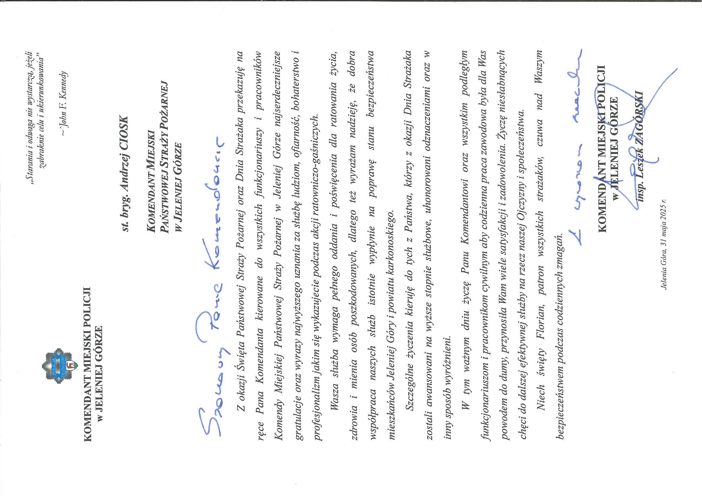 List gratulacyjny od Policji