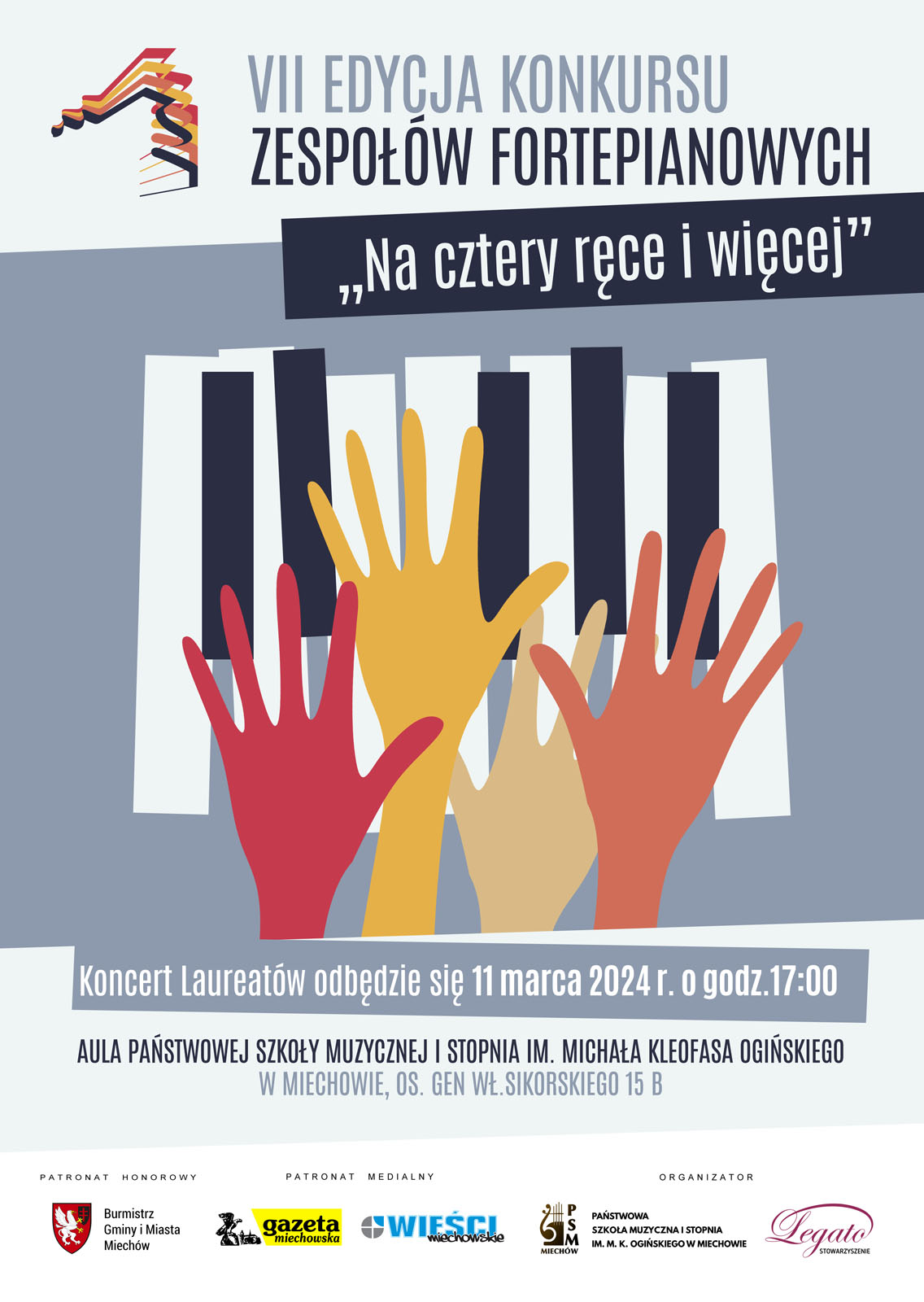 Grafika przedstawia cztery kolorowe dłonie grające na fortepianie